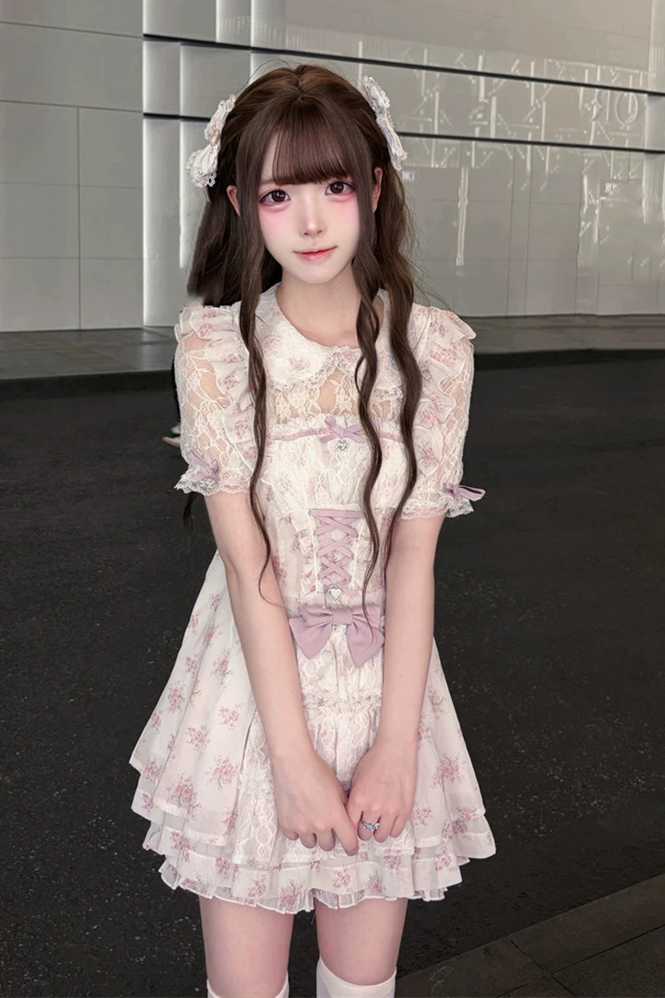[Rose Letter] Peter Pan Collar Short Sleeves Double-Layered Printed Ruffled Open-Front Lace-Up Sweet Jirai Kei Dress Set 2 Colors