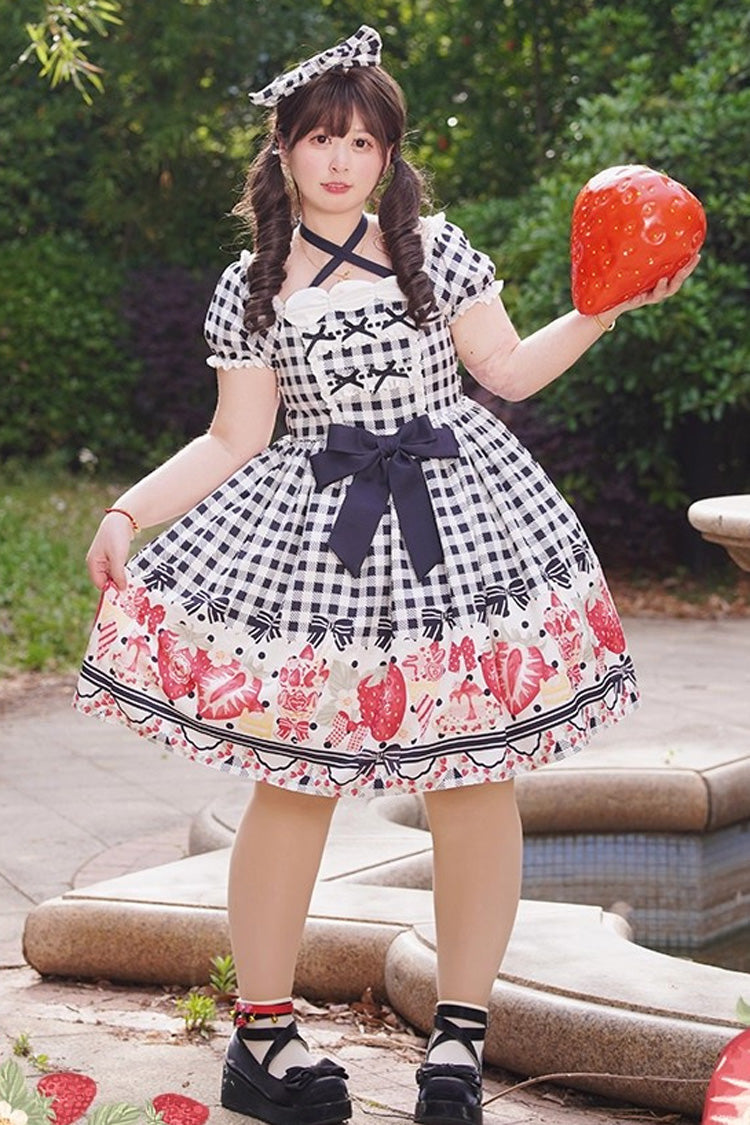 Black Short Sleeves Strawberry Plaid Print Bowknot Sweet Plus Size Princess Lolita Dress