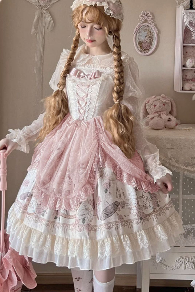 Apricot Sleeveless Rose Prologue Print Ruffle Bowknot Sweet Elegant Princess Lolita Jsk Dress