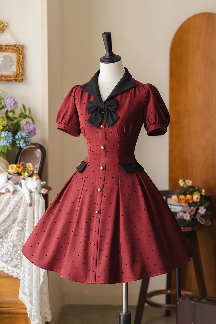 Rouge [Forest Boulotty] Col à Revers Manches Courtes En Forme De Coeur À Pois Imprimé Noeud Robe Lolita Douce
