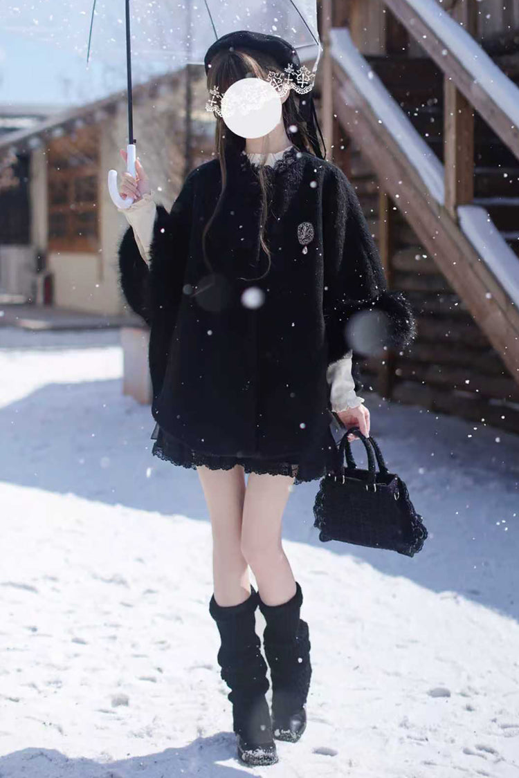 Black Long Sleeves Lace Gothic Japanese Lolita Fluffy Cloak Coat