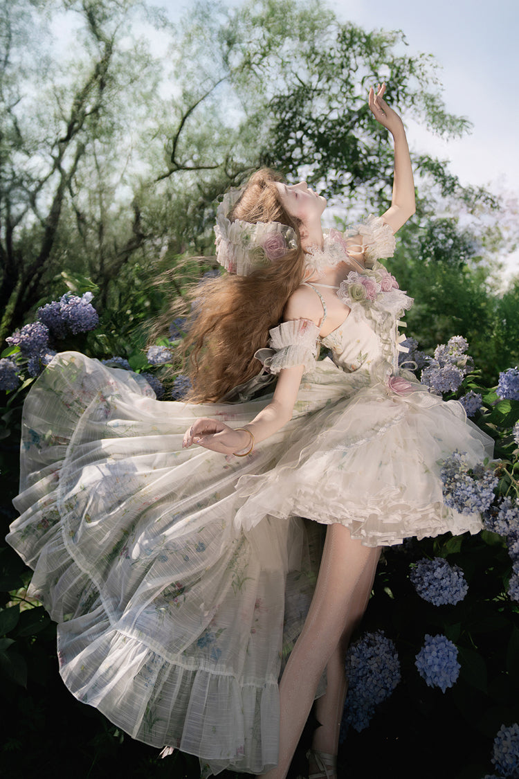 Green [Spring Rose] Sleeveless Multi-Layered Bowknot Lace-Up Fishbone Sweet Lolita Jsk Dress