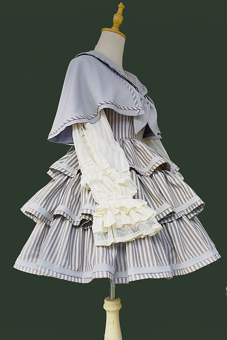 [From Afar] Sleeveless Triple-Layered Stripe Print Bowknot Sweet College Style Lolita Dress 2 Colors