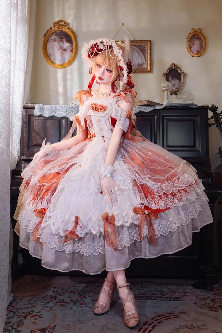 Red [Glazed Phantom] Off Shoulder Ruffle Hanayome Bowknot Lace Sweet Elegant Lolita Dress