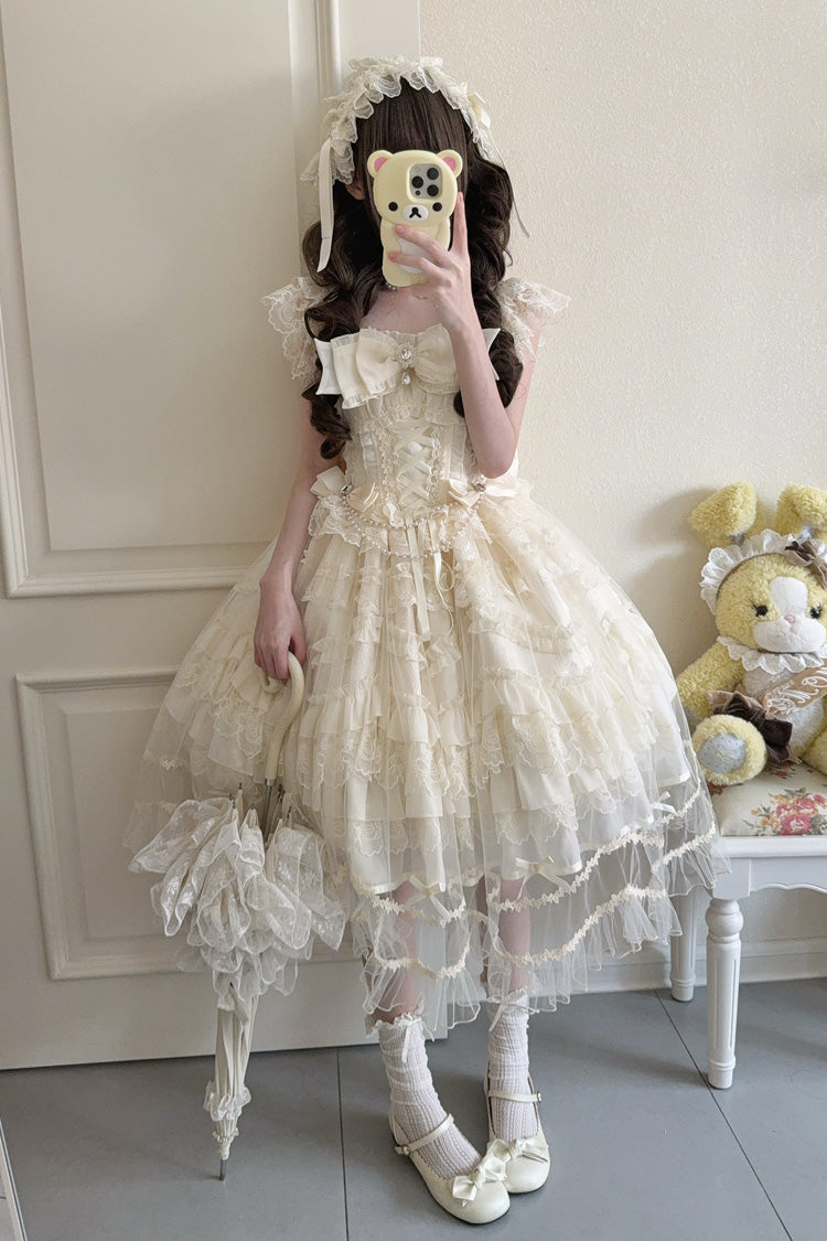 Apricot [Eternal Vow] Sleeveless Multi-Layered Ruffle Hanayome Bowknot Lace Lace-Up Sweet Lolita Jsk Dress