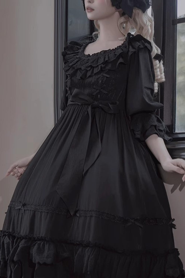 Robe Lolita Gothique Noire à Manches Courtes avec Volants, Nœud et Lacets [Good Morning] 