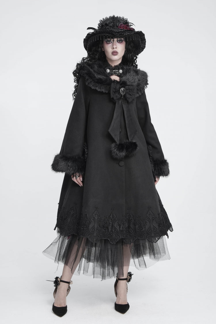 Manteau de luxe gothique Vintage pour femmes, col en fausse fourrure à revers noir, manches longues trompette, nœud brodé en dentelle détachable