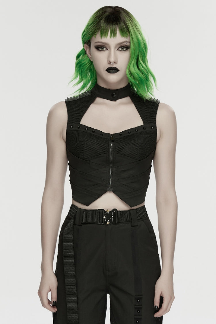 ブラック ノースリーブ カットアウト スタッズ メカニカル レディース パンク タンク トップ