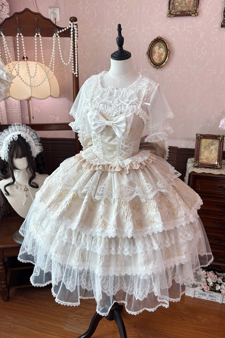 Gelb [Moonlight Woven Flower Box] Quadratischer Kragen, mehrschichtig, gerüscht, Hanayome-gestickte Schleife, Spitze, süßes Plus-Size-Lolita-JSK-Kleid-Set