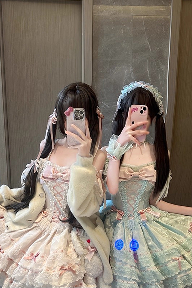 Abricot [Papillon de l'île Flora] Robe Lolita Jsk élégante et douce sans manches avec volants, nœud et laçage en dentelle 