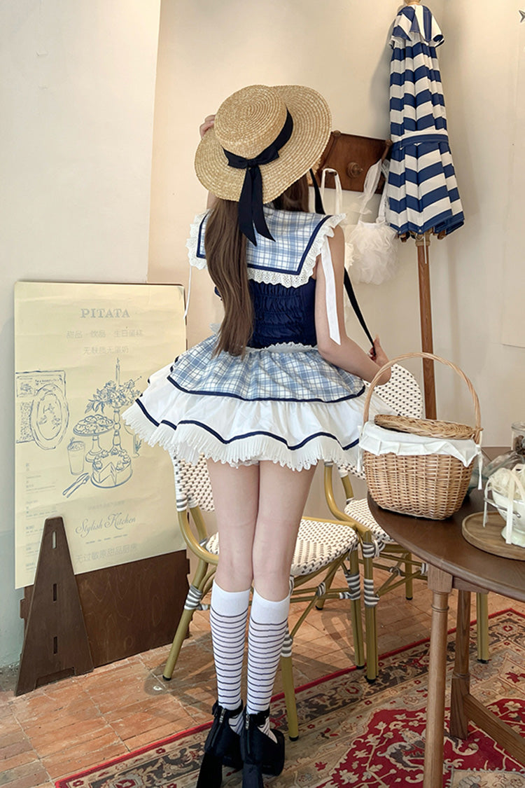 Blue/White [Sailing Love] Navy Collar Sleeveless Plaid Print Ruffle Bowknot Sweet Lolita Dress