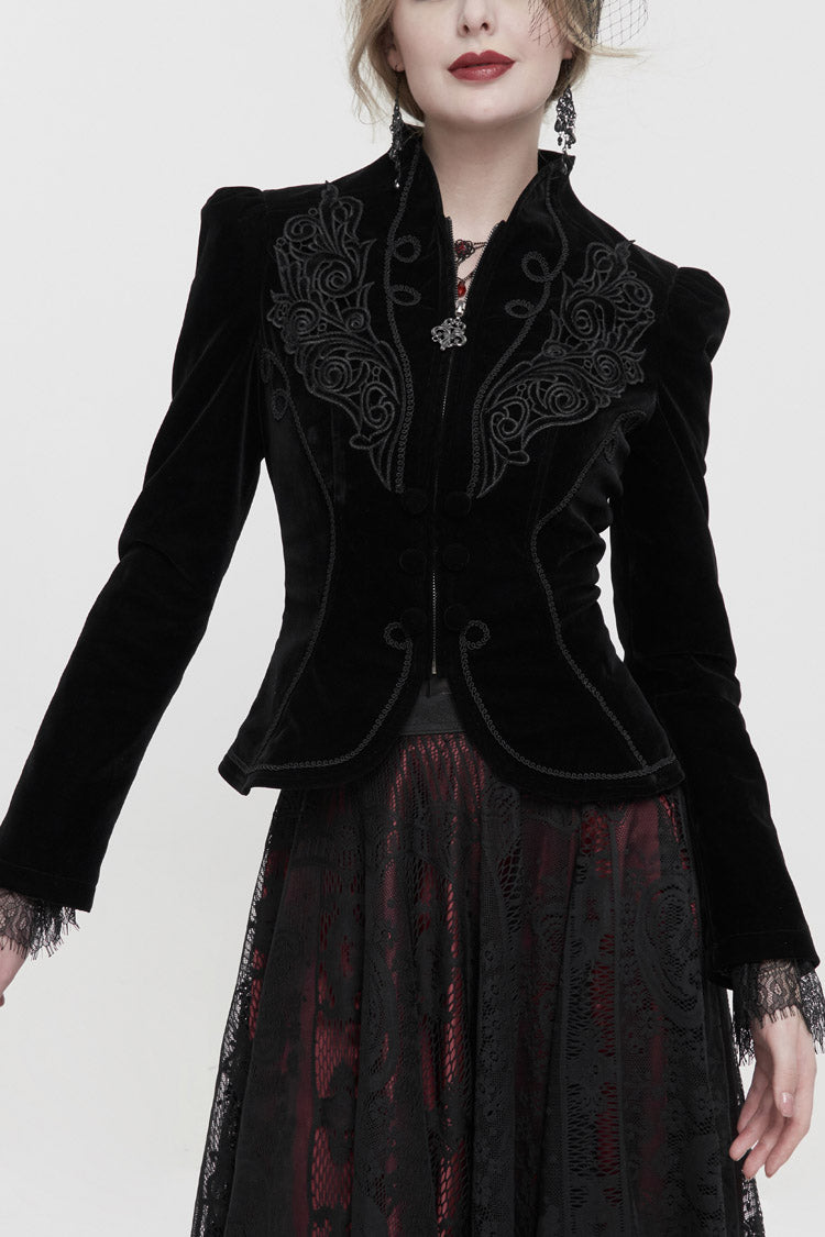 黒スタンドカラーベルベットアップリケ胸ペンダントジッパー秋と冬ショート長袖女性のゴシックジャケット