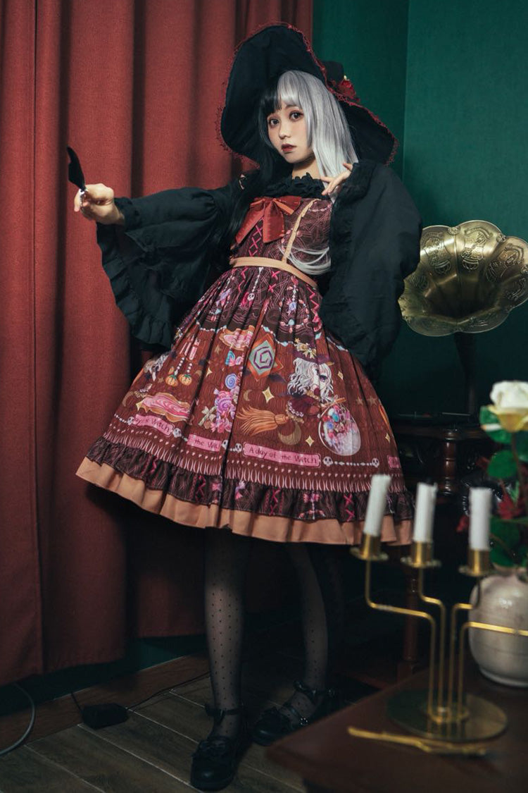 Brown [Little Witch] Sleeveless Print Ruffle Bowknot Sweet Elegant Lolita Jsk Dress