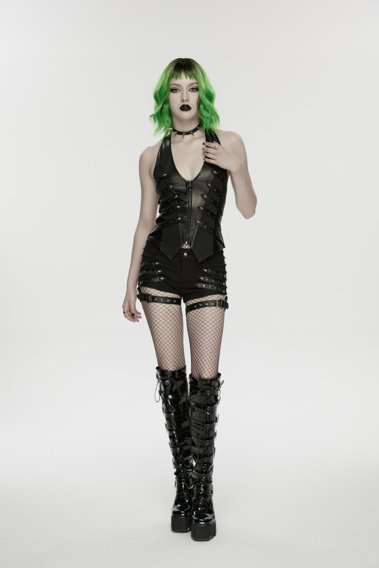 Gilet Punk noir à col licou pour femmes, Slim, clouté, fermeture éclair