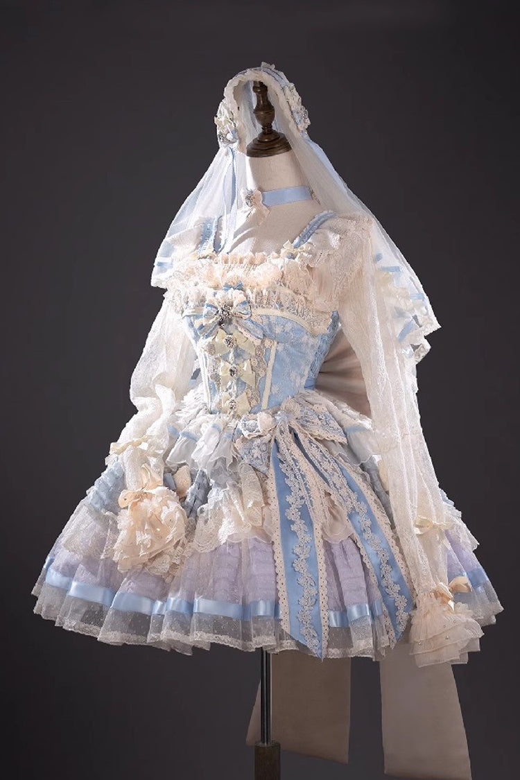 Blue [Moonstone] Sleeveless Ruffle Embroidery Bowknot Lace Fishbone Sweet Princess Lolita Dress