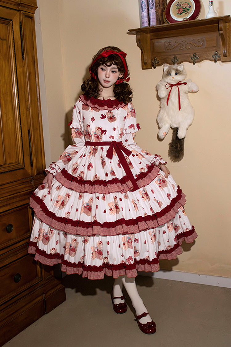 White/Pink [Bell Strawberry Farm] Print Long Sleeves Triple-Layered Ruffle Sweet Lolita Dress