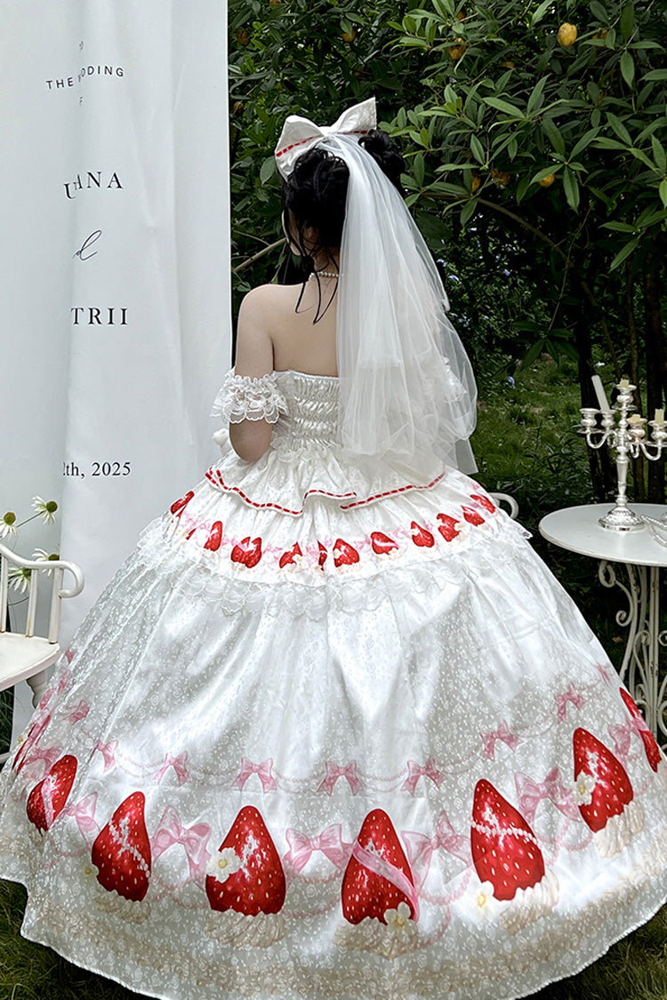 White [True Love Strawberry] Print Off Shoulder Sleeveless Ruffle Bowknot Lace Sweet Princess Lolita Dress Set