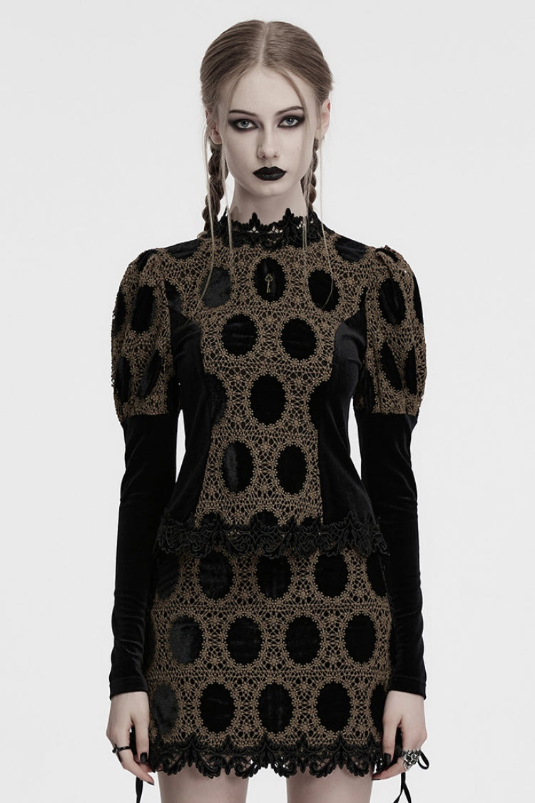 Coffee Long Puff Sleeves Print Embroidery Women's Gothic Blouse