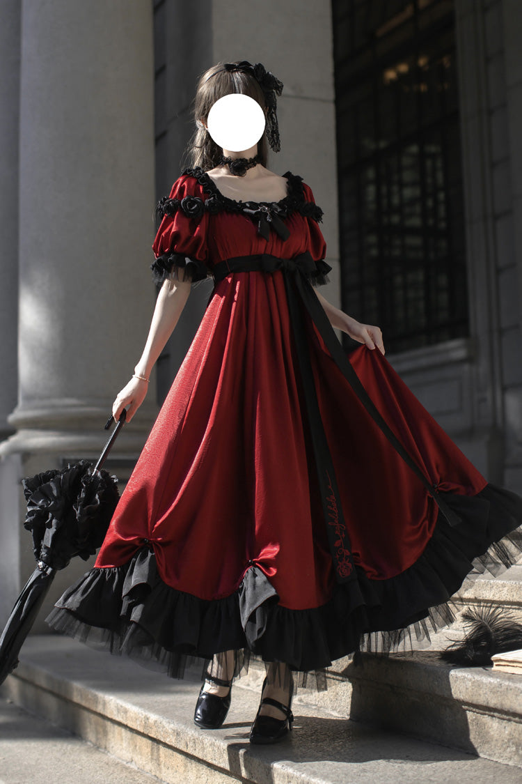 Red Square Collar Short Sleeves Ruffle Bowknot Sweet Regency-Style Vintage Lolita Dress