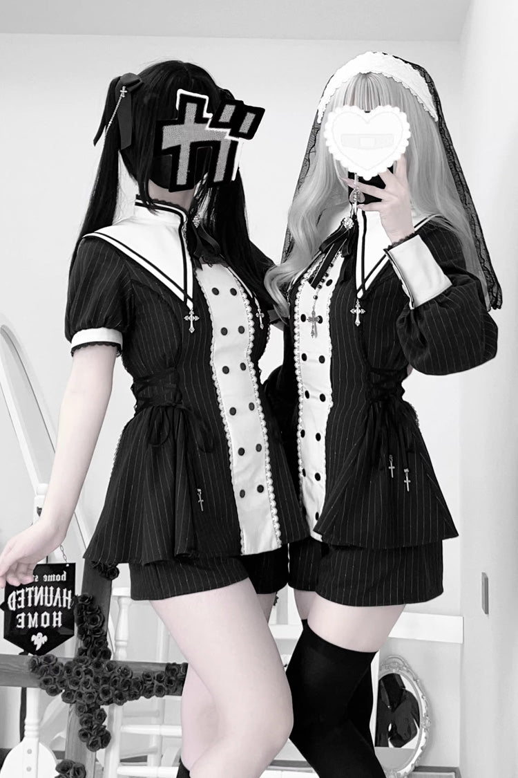 黒/白【Offbeat Confession】長袖半袖プリントフリルリボンゴシック地雷系和装ドレス＆ショーツセット