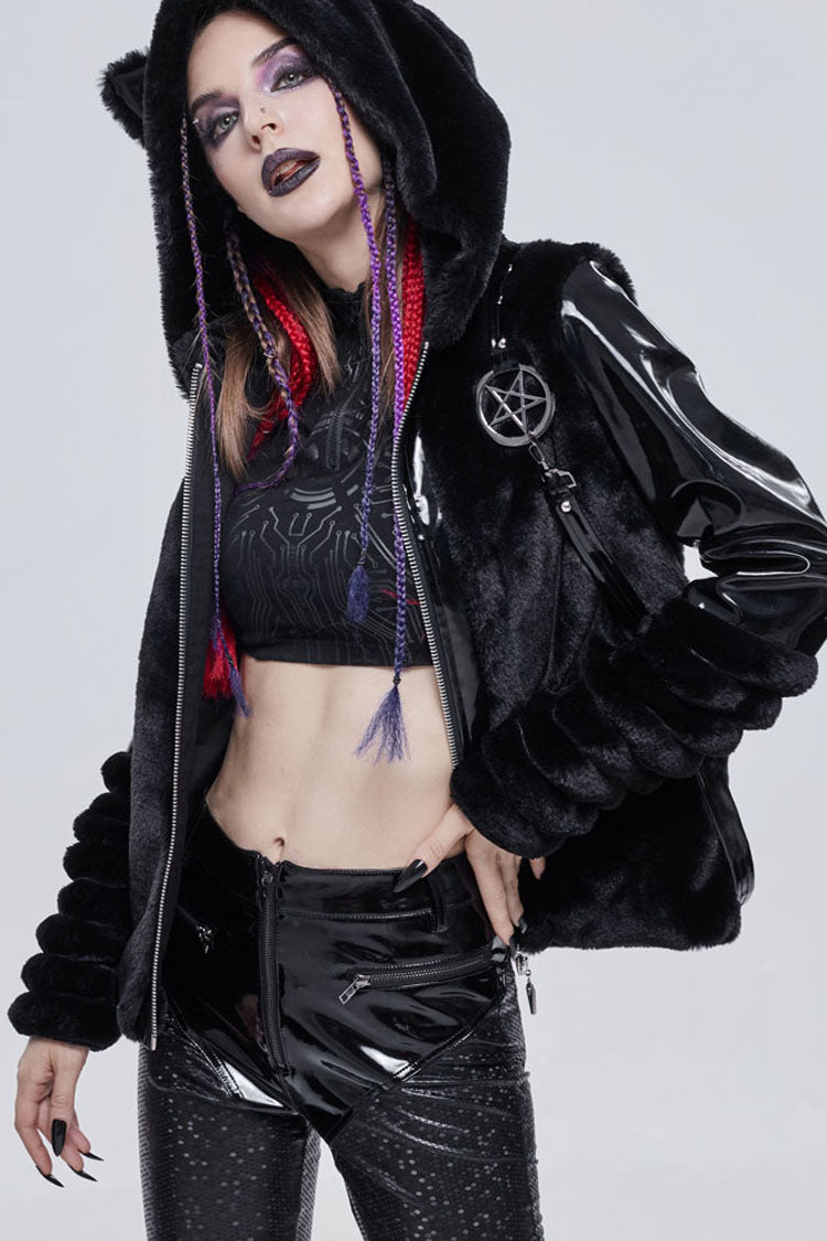 Black Punk Cuff Pleated Design Metal Five-Pointed Star Shape Belt Decoration Cat Ear Women's Coat