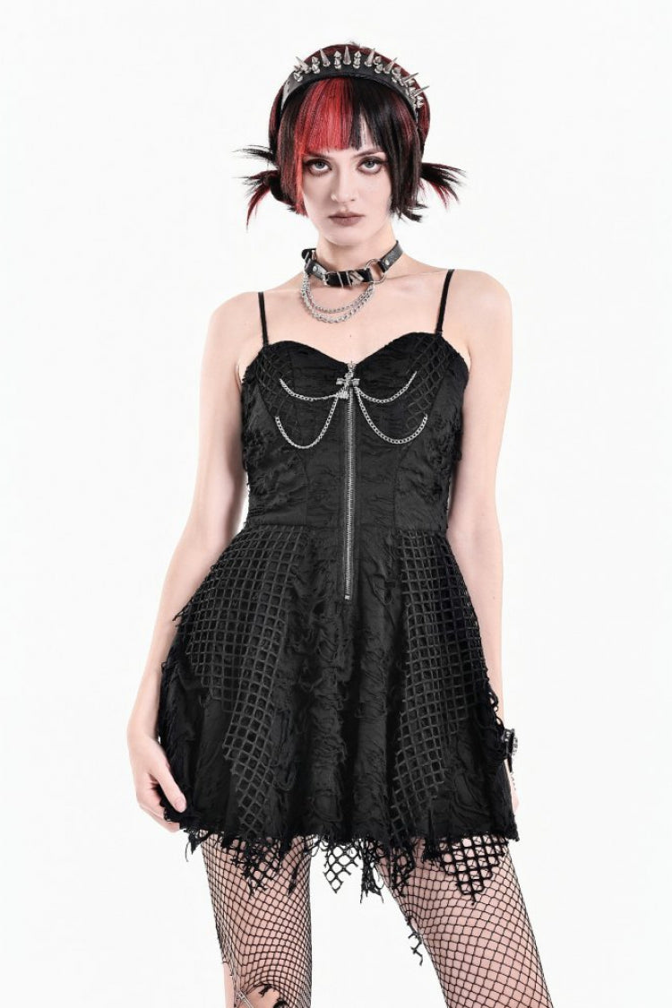 Schwarzes Damen-Slip-Minikleid mit Punk-Distressed-Mesh-Reißverschluss und Kettenverzierung