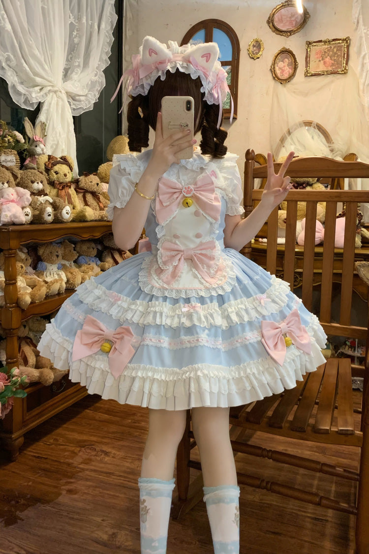 Blue [Meowling Sweet Maid] Sleeveless Multi-Layered Ruffle Bowknot Lace Sweet Princess Lolita Jsk Dress