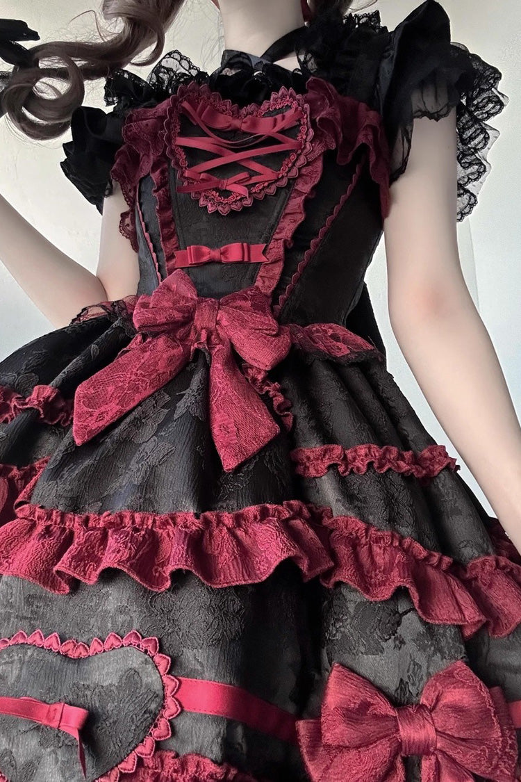 Noir/Rouge [Super Cute Belia] Robe Lolita Jsk Élégante Gothique en Dentelle avec Nœud à Volants à Trois Couches sans Manches 