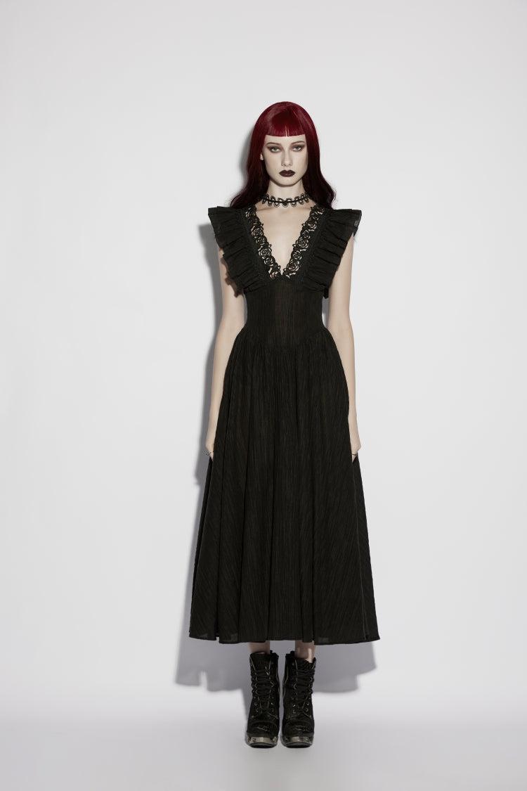 Black V Collar Sleeveless Ruffled Cut-Out Lace Lace-Up Slim Fit Pleated Women's Gothic Preppy Style Luxurious Dress
