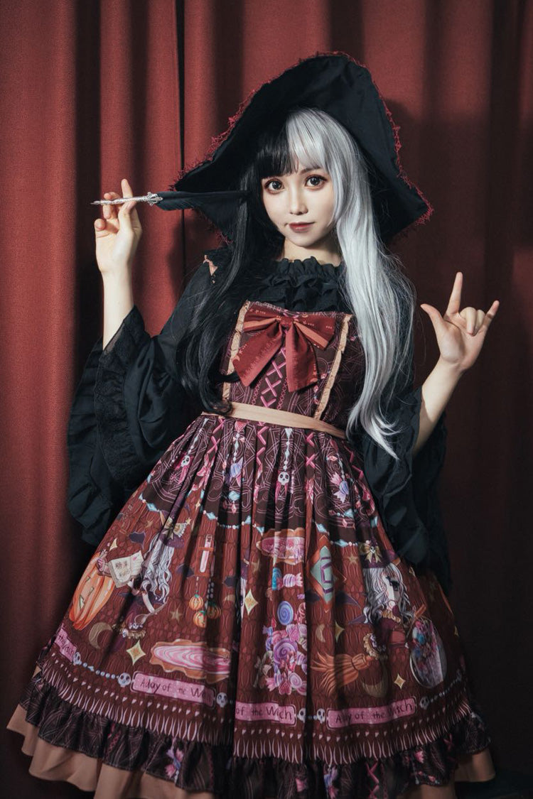 Brown [Little Witch] Sleeveless Print Ruffle Bowknot Sweet Elegant Lolita Jsk Dress