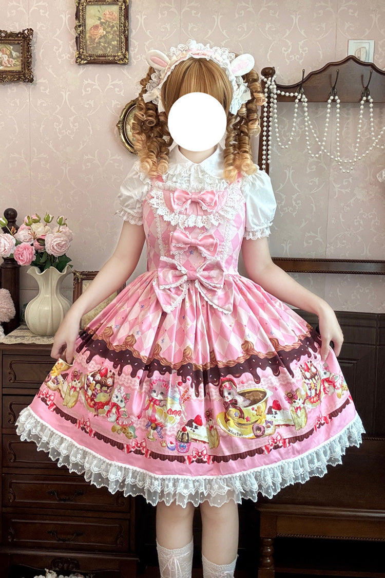[Cream Meow] Sleeveless Print Bowknot Lace Sweet Lolita Jsk Dress 3 Colors