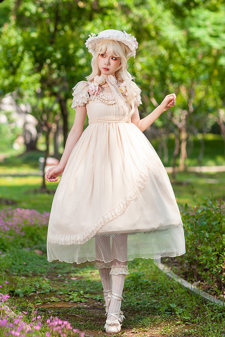 Aprikose [Mondgöttin *Mediana*] Polka Dot Print Rüschen Schleifen Asymmetrisches Süßes Elegantes Lolita Kleid 