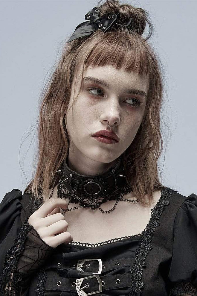 Black Leather Metal Rivets Lace Women's Gothic Chocker