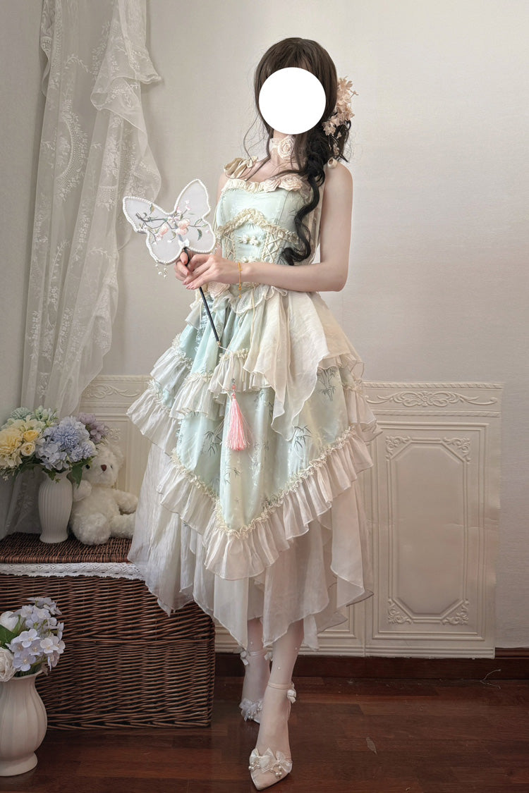 Green [Tea Bamboo Song] Sleeveless Jacquard Ruffle Bowknot Lace Irregular Sweet Chinese Style Ballet Lolita Jsk Dress Long Version Set