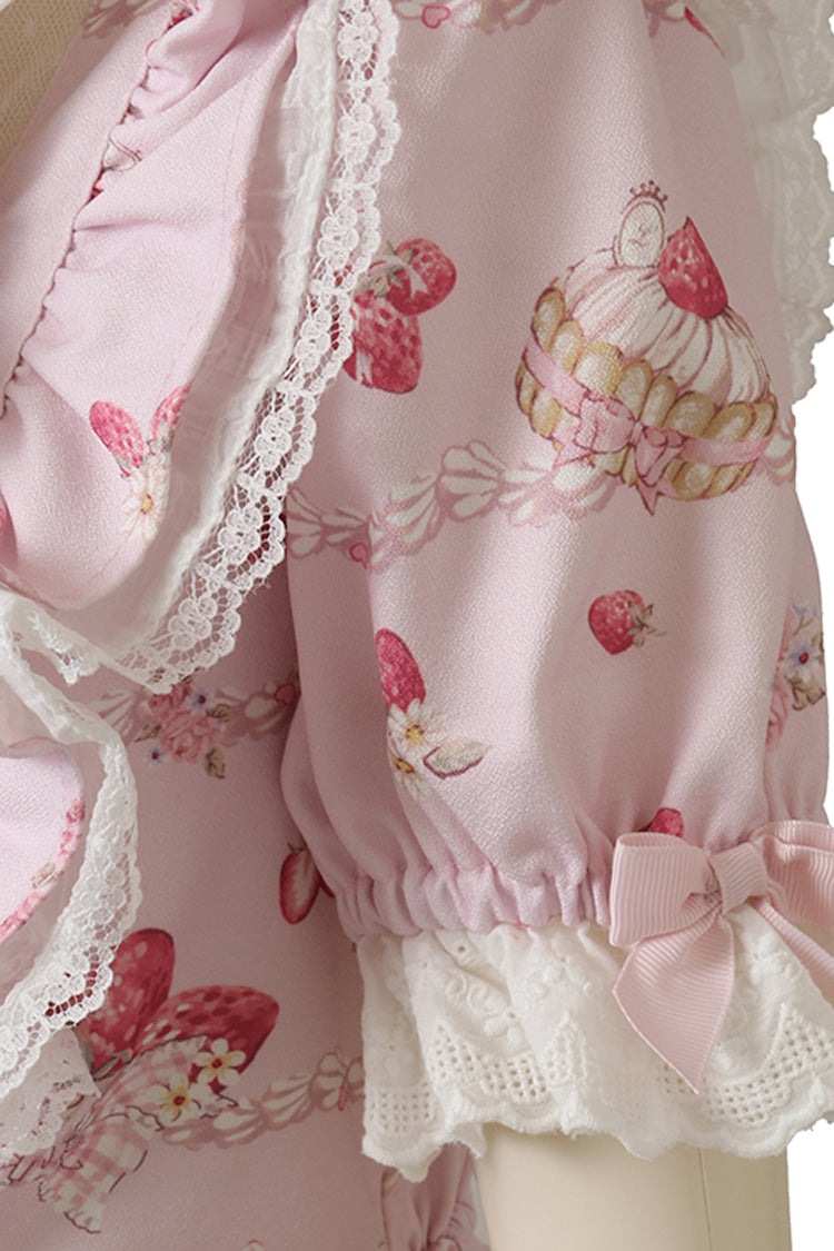 Pink [Creamy Berry] Print Short Puff Sleeves Ruffle Bowknot Lace-Up Sweet Jirai Kei Japanese Dress