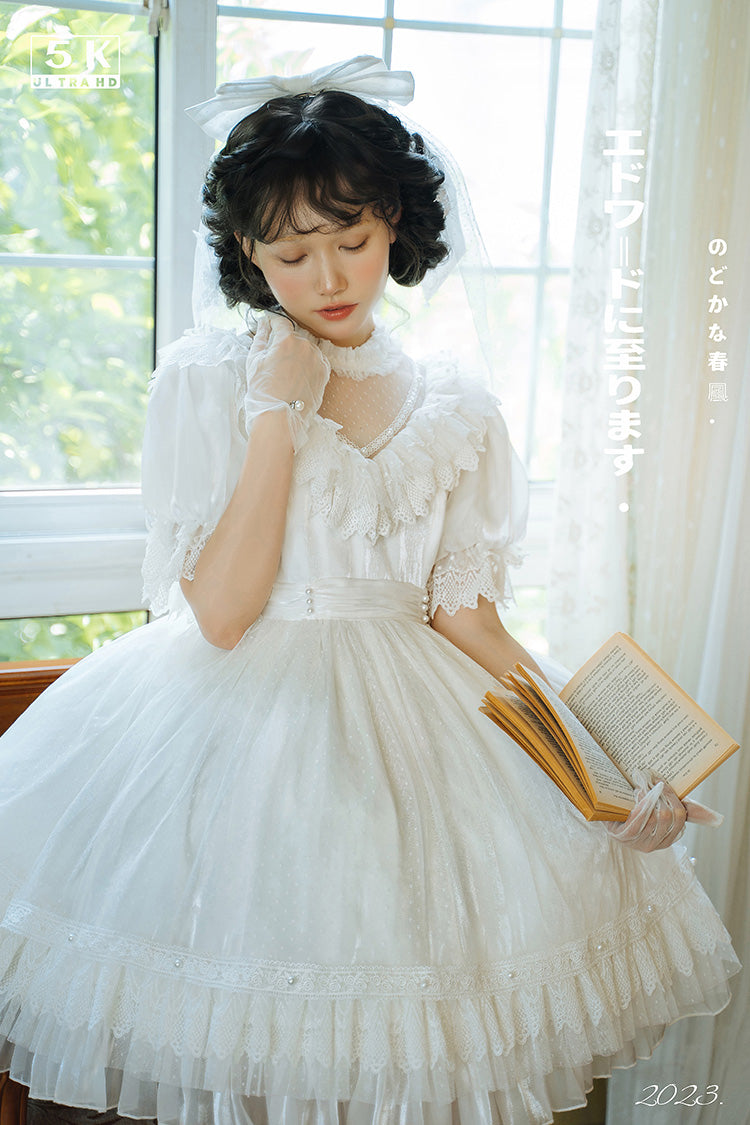 Weißes mehrschichtiges Rüschen Hanayome hohles Schleifenband Spitze süßes Vintage prächtiges Lolita-Kleid 