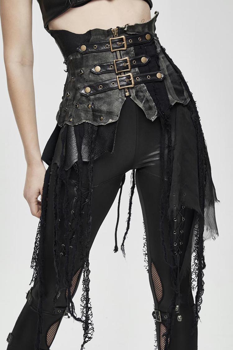 Black Vintage Leather Patchwork Distressed Belted Irregularly Lace Hem Women's Punk Half Skirt