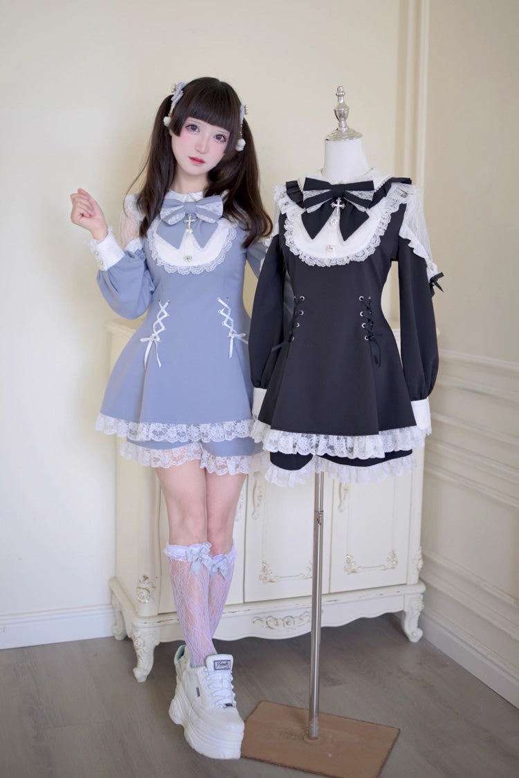 Grey/Blue [Divine love] Long Sleeves Hollow Bowknot Lace Lace-Up Sweet Jirai Kei Dress Shorts Set