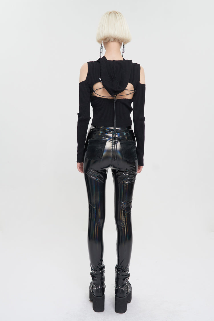 Black Hooded Off-The-Shoulder Back Cutout Rope String Upside Down Pentagram Wool Knit Long Sleeve Women's Punk Sweater