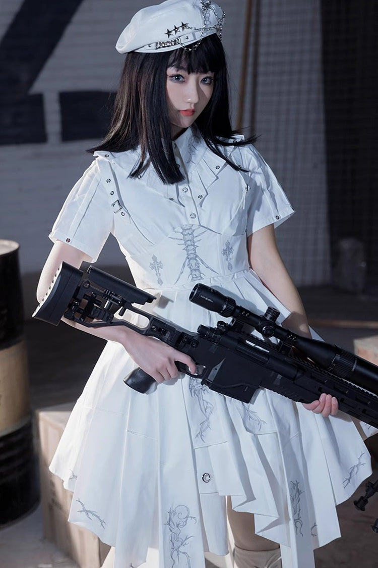 Weißes, kurzärmliges Lolita-Kleid mit Print im Gothic-Stil von Travelling Thorns