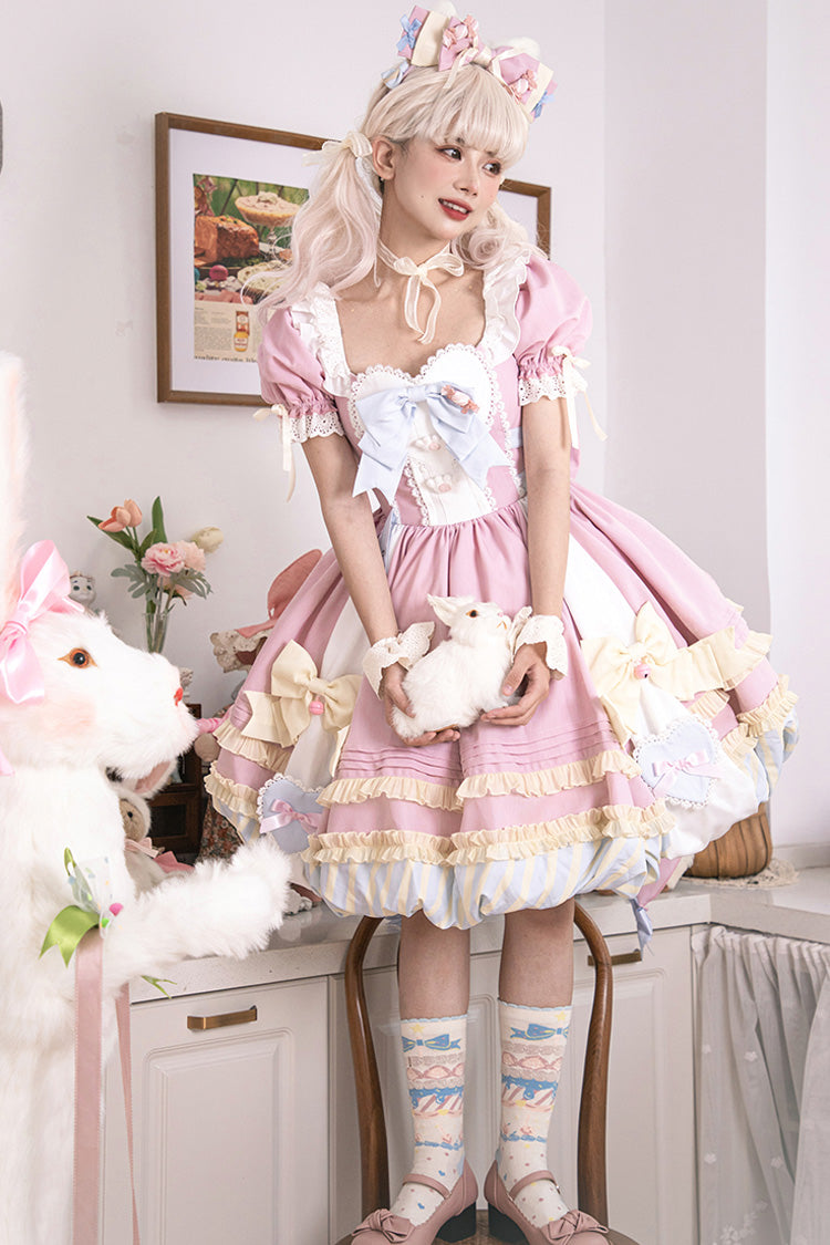 Pink Short Sleeves Print Ruffle Bowknot Lace-Up Sweet Princess Lolita Dress Set