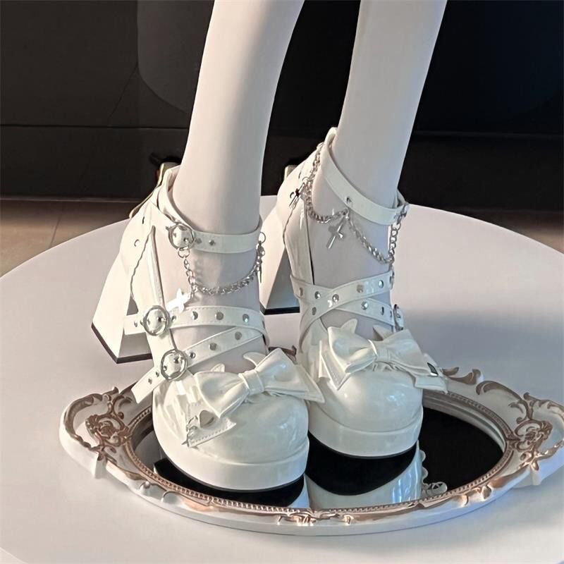 Gothic Cross Straps Bowknot Lolita High Heels 4 Colors