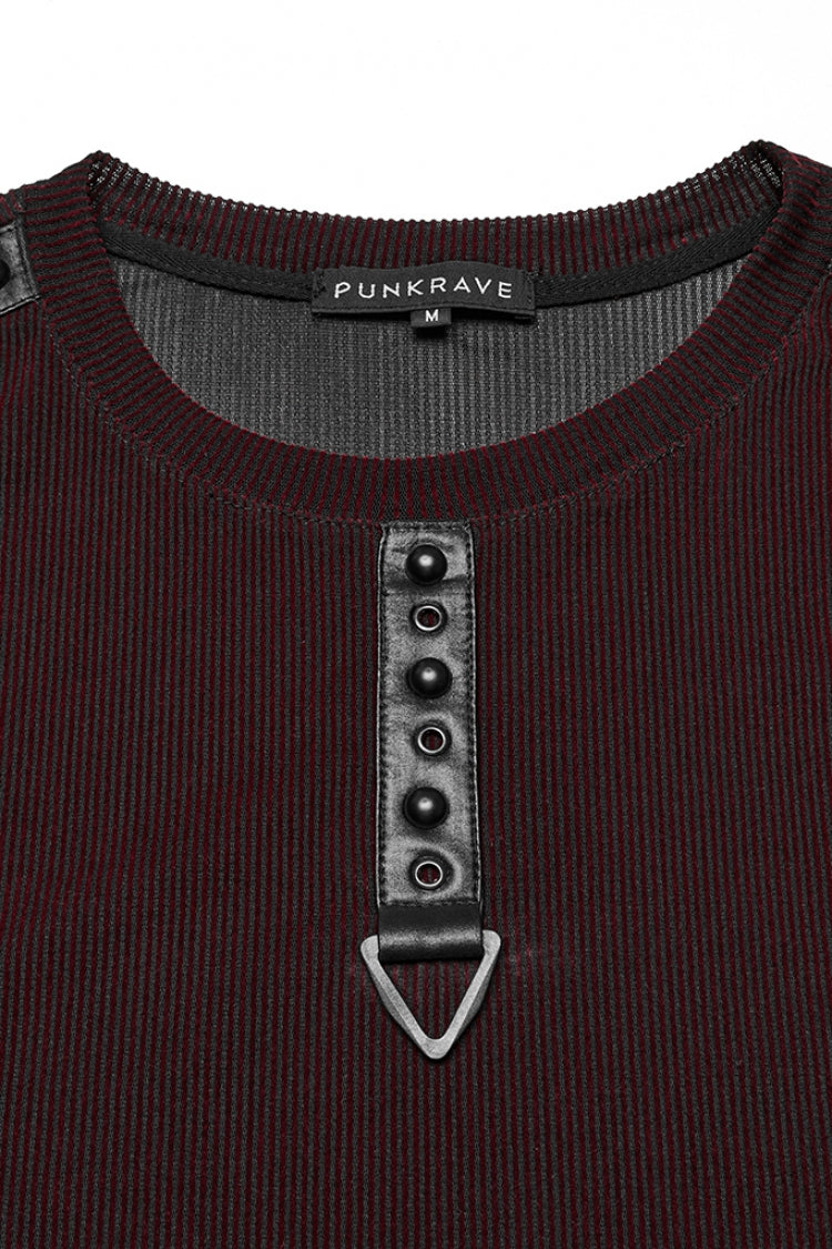 Gilet Punk pour Homme en Maille Transparente à Col Rond Noir/Rouge avec Rivets et Agencement de Couleurs 