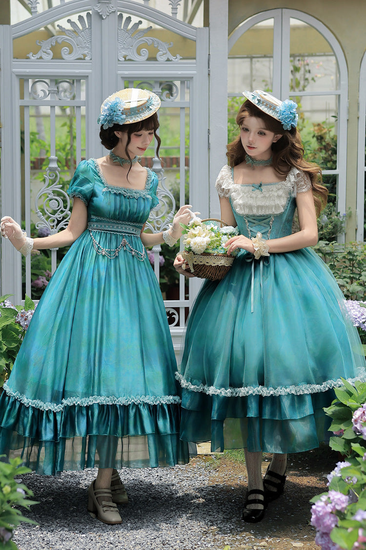 Blau/Grün [Seerose] Süßes Royal-Lolita-Kleid mit quadratischem Kragen, Rüschen und Schnürung, 2 Versionen