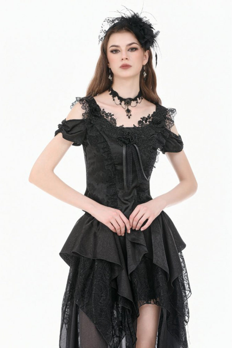 Black Lace Trim Sweetheart Neckline Jacquard Rose Short Sleeves Cut-Out Women's Gothic Corset Top