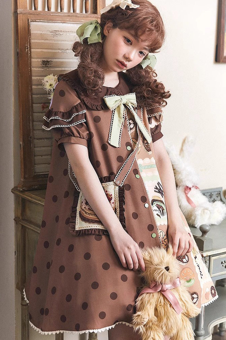 Cake Chocolate Dessert Print Short Sleeves Ruffle Bowknot Sweet Lolita Dress 2 Colors