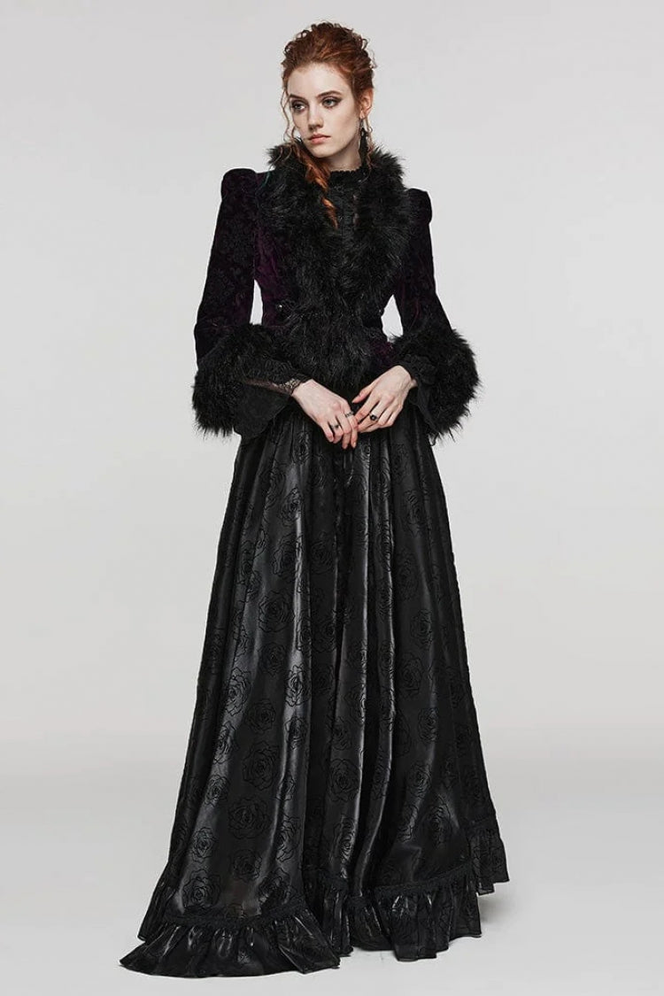 Women's V Collar Long Sleeves Faux Fur Stitching Gothic Coat 4 Colors