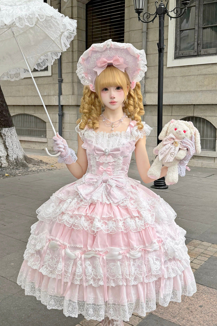 Rosa [Ewige Blumenbotschaft] Ärmelloses, mehrschichtiges Hanayome-Kleid mit bestickter Schleife und Spitze, süßes Lolita-JSK-Kleid mit quadratischem Kragen