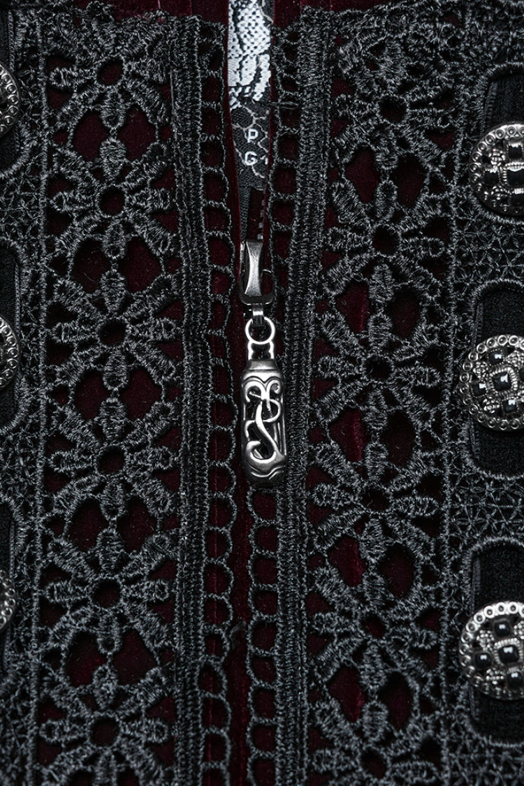 Black/Red Long Puff Sleeves Floral Embroidery Women's Gothic Coat