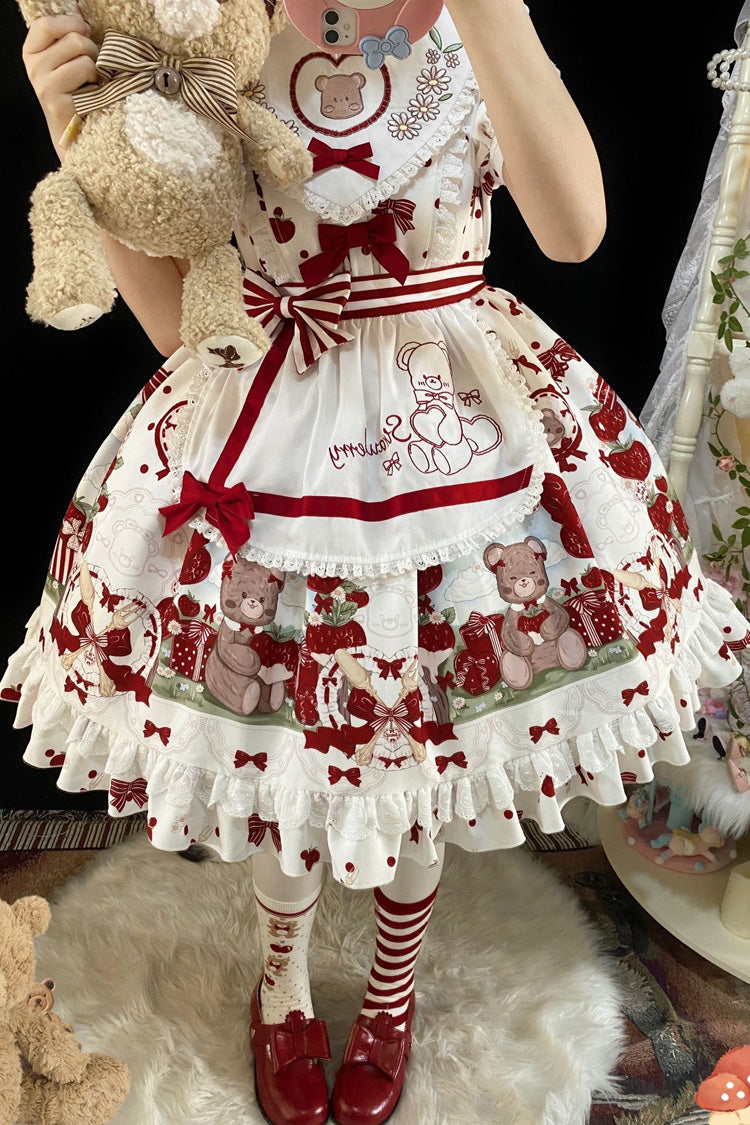 Red/White Short Sleeves Strawberry Bear Print Ruffle Bowknot Sweet Plus Size Lolita Dress